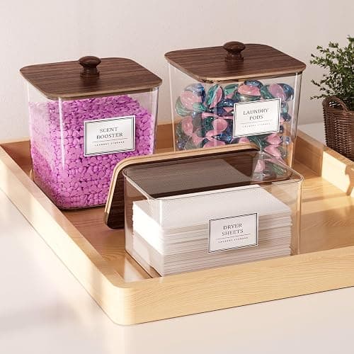 Laundry Pods Storage Container, Clear Laundry Room Organization and Storage,Detergent Powder Container,with Wooden Lids & Labels, 3+1 Pack（Dark Brown） thumbnail 2