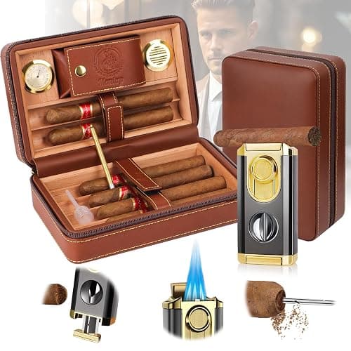 Travel Cigar Humidor, Cedar Wood Lined, with All-in-one Cigar Lighter, Built-in V Cutter& Holder, Cigar Draw Enhancer, Hygrometer & Humidifier, Leather Cigar Case with Cigar Accessories Hold 6 Cigars - Brown - Image 1
