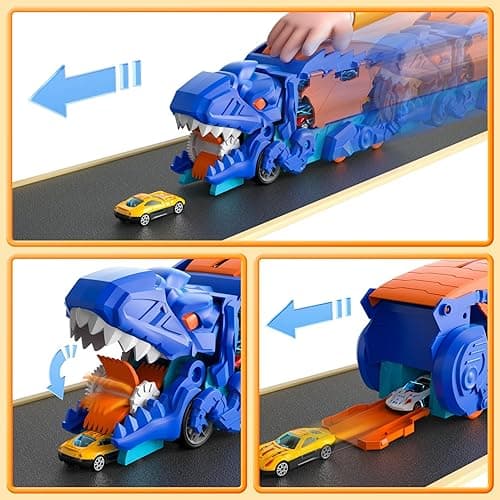 iHaHa Toddler Truck Toys for 3 4 5 6 Years Old Boys, Toys Cars Track Set Dinosaur Transporter Truck with 10 Die-Cast Car Toys, Transforms into Dino, Toddler Car Toys Set for Kids Boys Girls - Blue Dinosaur Truck thumbnail 4