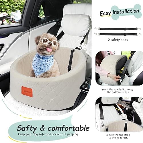 Lealchum Dog Car Seat for Small Dogs,Comfy Pet Travel Car Bed with 2 Clip-On Leashes,Fully Removable & Washable,Non-Slip Base with Seatbelt Channle,Easy to Install (Beige, Small) - Beige - Small thumbnail 4