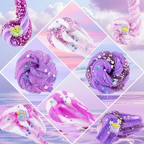 LAWOHO 6 Packs Gradient Purple Slime Kit - Cloud, Butter & Clear Slimes, Crunchy Slimes Kits for Kids with Beach Charms & Add-ins, Party Favors for Girls & Boys, 360ml Soft Non Stick Slime Making Kit thumbnail 7