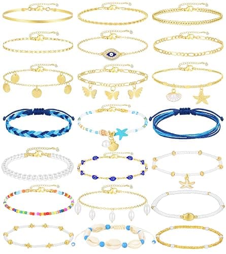 17KM 21PCS Gold Ankle Bracelets for Women, Boho Shell Bead Cuban Link Chain Waterproof Gold Anklets Set, Adjustable Layered Anklets for Women Beach Jewelry Gift - Image 1