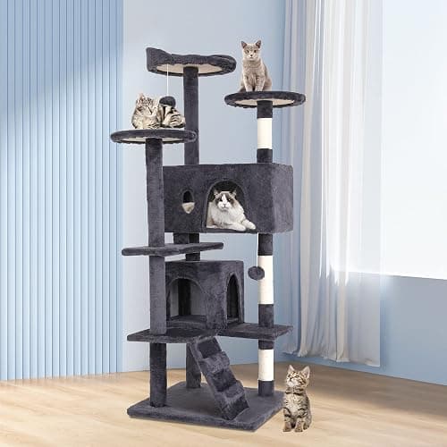 BestPet | 54" Cat Tree Tower | Ashy | Sturdy, Easy to Assemble, Multi-Level Activity Center with Sisal Scratching Posts, Condos, Perches, Hanging Cat Toys, Observation Decks & Ladder thumbnail 2