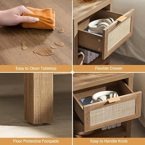 SICOTAS Rattan Nightstands Set of 2 - Farmhouse Night Stand with Drawer and Storage Shelf - Boho Bedside Table End Side Table for Bedroom, Oak thumbnail 4