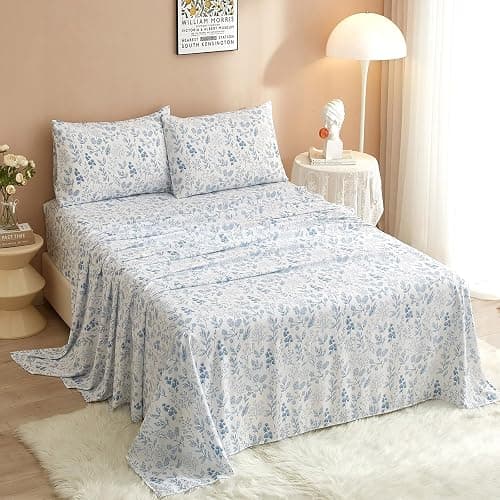 3 Piece Bed Sheets Set Twin Sheets White - Extra Soft Blue Floral Deep Pocket 16" - Luxury Soft Sheet & Pillowcase Set - Wrinkle & Shrink Resistant Cooling Sheet for Twin Size Bed thumbnail 2