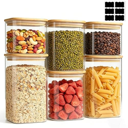 ComSaf Glass Storage Containers With Lids 6-Pack (0.7qt/1.2qt/1.6qt), Glass Pantry Storage Containers, Rectangular Glass Jars With Lid, Glass Canisters For Kitchen Flour Cereal Sugar Tea Coffee Bean - Image 1