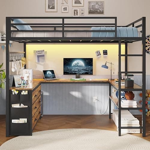 ADORNEVE Loft Bed Full Size with U-Shaped Desk, 6 Drawers, Rustic Brown | Metal Loft Bed with Power Outlet, LED Light, 2 Storage Shelves, Safety Guardrail & Ladders, No Box Spring Needed thumbnail 8