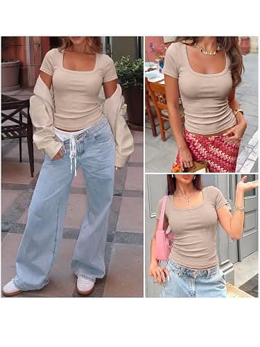 ANRABESS Women Short Sleeve Tops Scoop Neck Ribbed Knit Slim Fitted Basic Tee Shirt Casual Summer Clothes 2026 Spring Outfits thumbnail 7