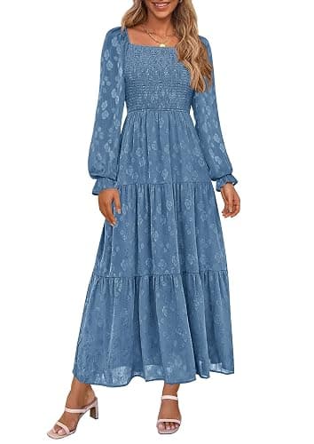 PRETTYGARDEN Fall Wedding Guest Dresses for Women 2025 Floral Long Sleeve Smocked Tiered Elegant Long Flowy Boho Dress - Image 1