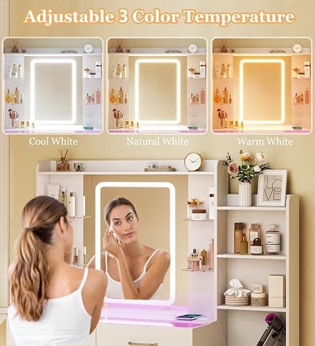 HUAHUU Vanity Desk with Mirror and LED Lights, 43" Makeup Vanity with Glass Top & Wireless Charging, Vanity with RGB Drawers, 3 Colors Light, Power Outlet Safety Switch for Bedroom, White thumbnail 8