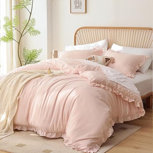 YIKUSH Full Size Comforter Pink 3PCS 1 Ruffled Comforter Set and 2 Pillow Cases Blush Pink Comforter Set Vintage Farmhouse Shabby Chic Bedding Soft All Season thumbnail 5