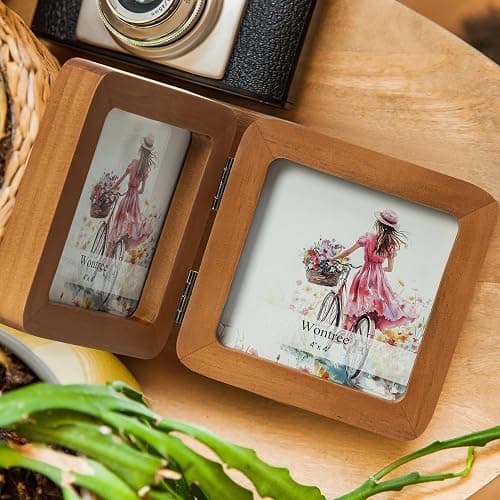 Wontree 4x4 Square Double Vertical Horizontal Hinged Foldable Combo Rounded Corner Picture Frame, Walnut-Colored Pine Wood with Real Glass, Free-Standing Desk Tabletop or Wall Hanging thumbnail 2