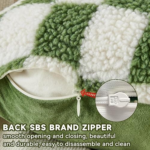 AmHoo Pack of 2 Decorative Throw Pillow Covers Checkerboard Luxury Super Soft Faux Fur Wool Set Case Cushion for Couch Sofa Bedroom 18 x 18-Inch Sage Green thumbnail 3