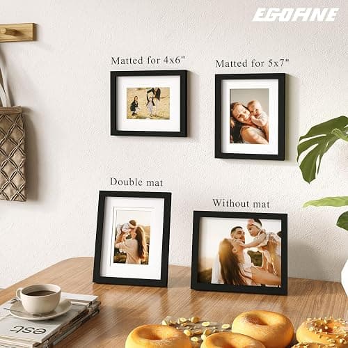Egofine 8x10 Picture Frames Set of 4, Made of Solid Wood Covered by Plexiglass 4x6 and 5x7 with Mat or 8x10 without Mat, for Table Top Display and Wall Mounting Photo Frame Black thumbnail 2