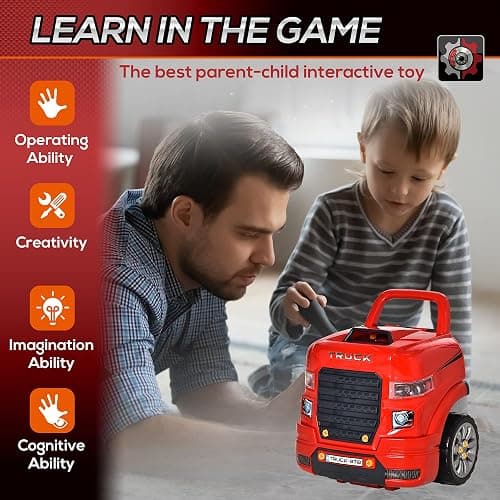 Qaba Truck Engine Toy, Kids Mechanic Set with Lights, Sounds, Steering Wheel and Horn, Pretend Car Service Station Play with 61-Piece Included, Toy Engine Building Kit for Kids Aged 3+, Red thumbnail 7