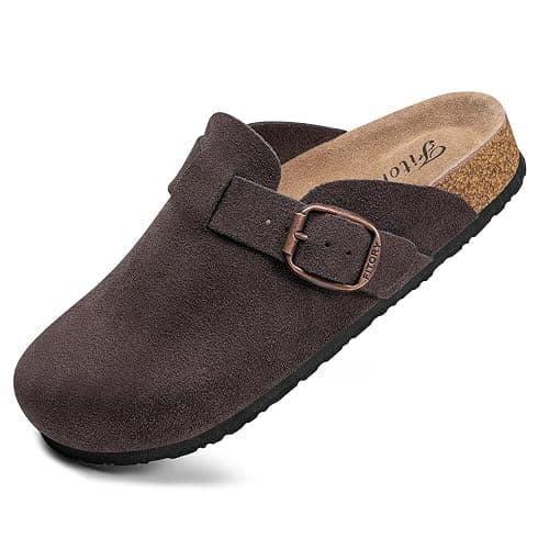 FITORY Womens Clogs Slip-on Potato Shoes Leather Mules with Suede Cork Footbed Size 6-11 - Image 1