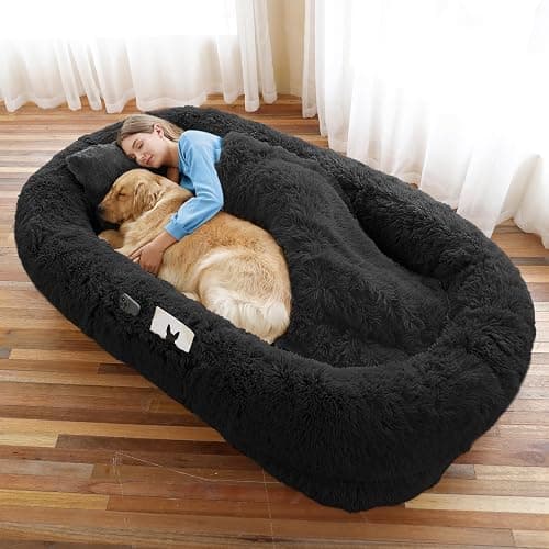 Human Dog Bed, 71''x45''x12'' Size Fits You and Pets, Washable Faux Fur Pet Bed for People Doze Off, Napping Orthopedic Dog Bed, Present Plump Pillow, Blanket, Strap - Black - Image 1