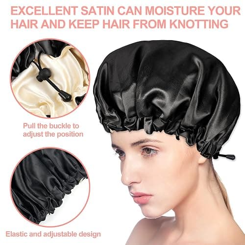 Ranphykx 2PCS Satin Sleep Cap,Adjustable Double-Sided Sleep Bonnet,Bonnet Cap for Sleep (1 Black+ 1 Pink) thumbnail 6