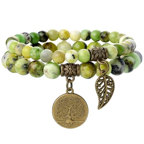 Bivei Natural Semi Precious Gemstone beads bracelet for women - Life Tree and Leaf Charm Energy Reiki Crystal Stretch Bracelets - Image 1