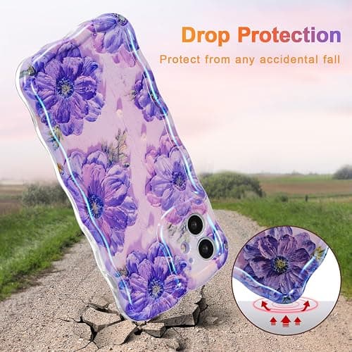 EYZUTAK Case for iPhone 12, Colorful Retro Oil Painting Printed Flower Laser Glossy Pattern Cute Curly Waves Border Exquisite Phone Cover Stylish Durable TPU Protective Case for Girls Women - Purple thumbnail 3