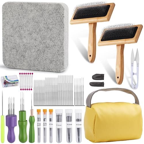 kdafio 74 Needle Felting Tools, Needle Felting Kit with Hand Carders Wooden Wool Carders Needle Felting with Needle Leather Finger Protector for DIY Felting Wool Projects - Image 1