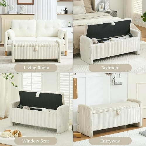 WUTUTUEE 44'' Corduroy Storage Ottoman Bench, Upholstered Storage Bench End of Bed for Bedroom, Linear Bed Bench with Safety Hinge, Living Room, Entryway, Beige thumbnail 5