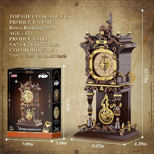 JAKI Vintage Swing Clock Building Blocks Set Real Working Mechanical Clock with Moving Pendulum & Rotating Dial, Retro Steampunk Home Decor Gift for Adults & Teens, Gifts for Birthdays and Christmas thumbnail 2