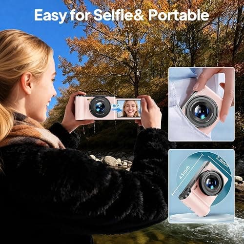 4K Digital Camera for Photography, 56MP Vlogging Camera with 32GB SD Card | Focusinc 3" 180° Flip Screen Compact Travel Camera for Teens Begnners with 16X Zoom,Pink thumbnail 5