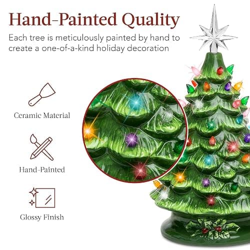 Best Choice Products 15in Ceramic Christmas Tree, Pre-lit Hand-Painted Tabletop Holiday Tree, Star Topper, 64 Lights - Green w/Multicolored Bulbs thumbnail 3