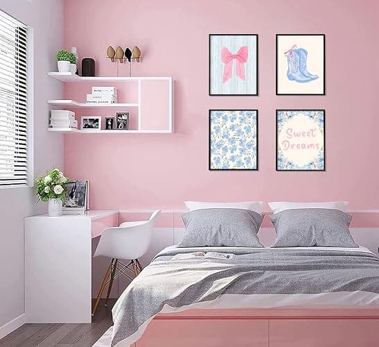 4pcs Trendy Preppy Wall Art Pink Bow Boots Blue And White Stripes pictures wall decor Sweet Dreams Blue Flowers Posters Prints Artwork for Home Bedroom Dorm Home Decration 8x10in Unframed thumbnail 7