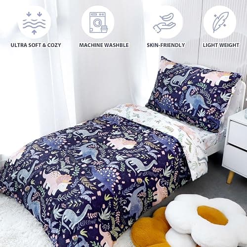 Pea Pod 4 Piece Dinosaur Toddler Bedding Set for Boys, Premium Blue Toddler Comforter Set Crib Sheets Set Includes Flat Top Sheet, Fitted Sheet, Comforter, Envelope Pillowcase,Ultra Soft thumbnail 4