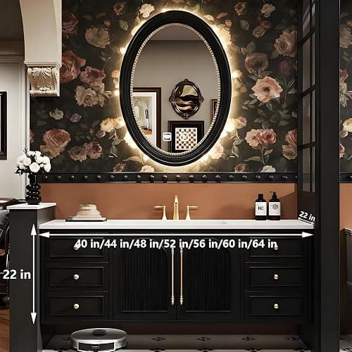 High QLO 40IN Bathroom Vanity - Vintage Luxurious Bathroom Vanity with Sink(Elliptical Mirror)(Golden Accessories) Sink Cabinet with One Click Defogging Mirror & Ample Drawer Storage thumbnail 2