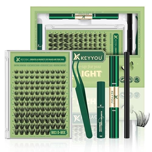 KEYYOU Natural Lash Clusters Kit 144Pcs DIY Lash Extension Kit Wispy Eyelash Extensions Kit D Curl 8-18MIX with Bond and Seal and tweezers with Thin Lash Band(KIT-N03-D-8-18MIX) - Image 1