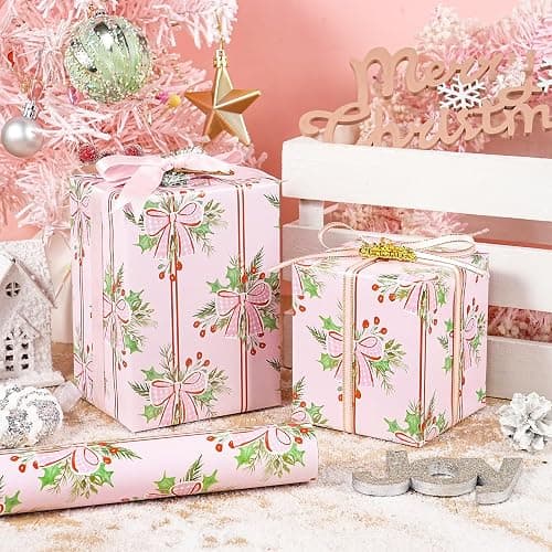 LeZakaa Christmas Wrapping Paper Roll, Pink Red Bow Berry Green Solid Color Design Holiday Gift Wrap for Kids Girls Women, Watercolor Style for Christmas Party Present, Mini Roll 17" x 16.4 ft thumbnail 5