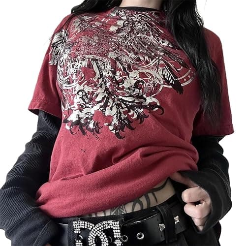 Alyweatry Emo Grunge Shirts Women Fake Two-Piece 2000s Graphic Long Sleeve Vintage Y2k Top Teen Goth Alt Clothes - Image 1
