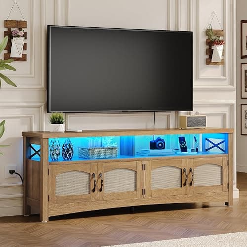 DWVO Farmhouse TV Stand for 65 inch TVs, LED Entertainment Center with Storage, TV Console with Power Outlets, Wooden Bar Coffee TV Table with Shelves for Living Room (Oak) thumbnail 7