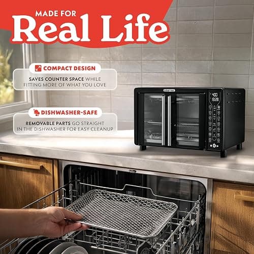 Gourmia Toaster Oven - 6-Slice Capacity, Digital Display, Black | French Door Design Air Fryer Combo, 17 Cooking Presets, Adjustable Time & Temperature, FryForce 360°, Dishwasher-Safe Trays thumbnail 8