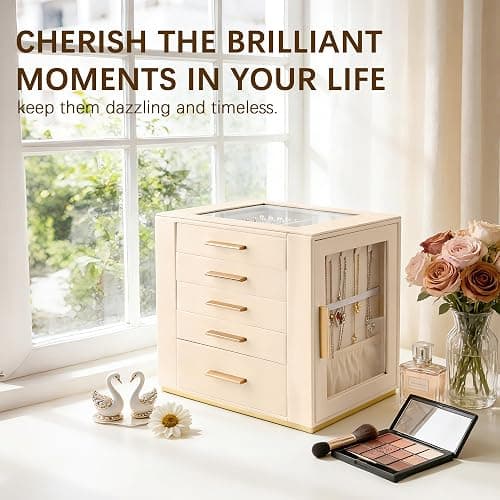 Homeanda Jewellery Box, Large 5-Layer Organiser Case with Glass Lid, Beige | Modern PU Leather Case with Drawers & Side Necklace Hooks, Velvet Organiser for Rings & Earrings, Gift for Women & Girls thumbnail 7