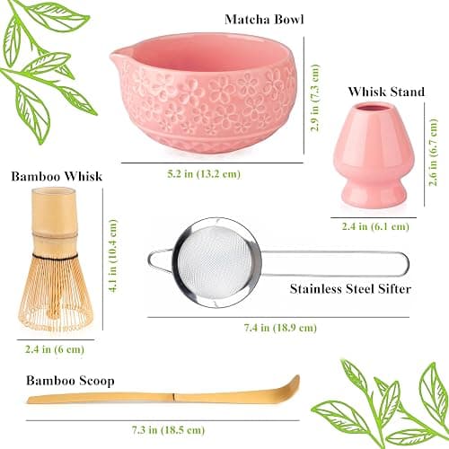 Marce Matcha Whisk Set- Matcha Set includes Matcha Whisk and Bowl with Spout, Sifter, Holder and Scoop- The Perfect Bamboo Whisk for Matcha Tea (Pink Flowers) thumbnail 2