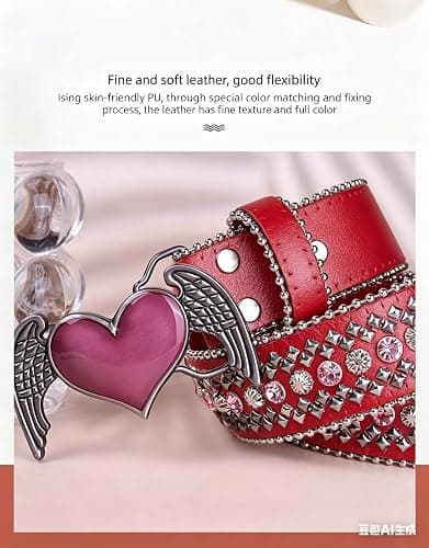 Women's Red Studded Belt with Angel Wing Heart Buckle, Rhinestone Embellished, Bohemian Style,Fits waistline 88-103CM thumbnail 7