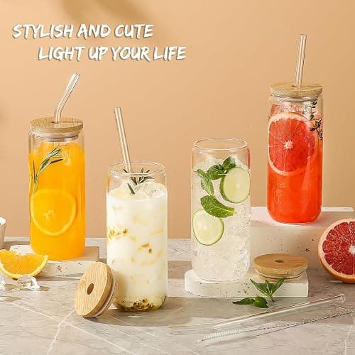 SENTVEND 20 Oz Drinking Glasses with Bamboo Lids and Glass Straw - 8 Pcs Glass Cups Beer Ice Coffee Glasses Cute Aesthetic Cup Great for Coffee Bar Accessories Include 2 Cleaning Brushes thumbnail 2