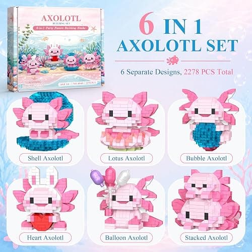 IBLOTIME 6 Pack Axolotl Micro Brick Building Set, 2278 PCS | 6 Axolotl Builds, Separate Packs, Micro Bricks, Small Party Favors, Desk Shelf Decor, Ages 14+ thumbnail 3