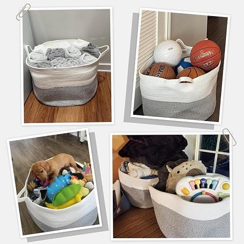 INDRESSME Large Storage Basket, 21.7'' x 13.8'' Cotton Rope Blanket Basket Living Room, Toy Organizers and Storage with Handles for Kids, Laundry Baskets for Clothes, Towel, 90L Grey thumbnail 4