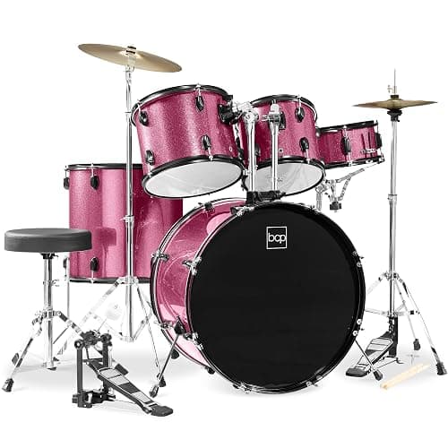 Best Choice Products 5-Piece Full Size Complete Adult Drum Set w/Cymbal Stands, Stool, Drum Pedal, Sticks, Floor Tom - Pink Sparkle - Image 1