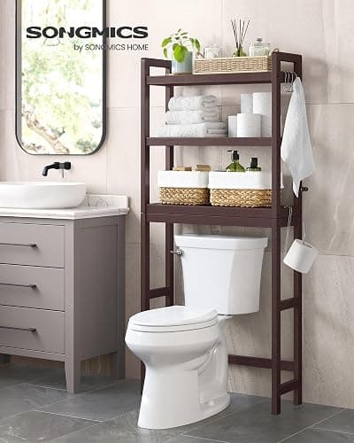 SONGMICS 3-Tier Bamboo Over The Toilet Storage, Adjustable Shelf, 66.9''H | Bathroom Organizer, Fit Most Toilets, Space-Saving, Brown, 10.2 x 24.8 x 66.9 Inches UBTS01BR thumbnail 2