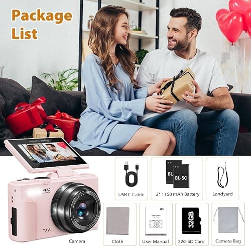 4K Digital Camera for Photography, 64MP Compact Vlogging Camera with WiFi and 3" 180° Flip Screen, 18X Digital Zoom, Ideal for YouTube Creators, Includes 2 Batteries & 32GB Micro SD Card, Pink thumbnail 8