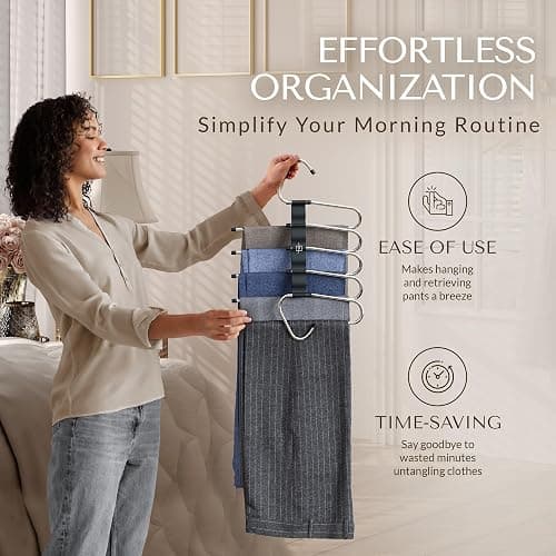 MORALVE Pants Hangers Space Saving - 2 Pack - Non-Slip Multi-Layer Space Saving Hangers - Multifunctional Clothing Rack for Closet Storage - Ideal for Jeans, Trousers, Skirts, Scarves & Slacks (Black) thumbnail 4