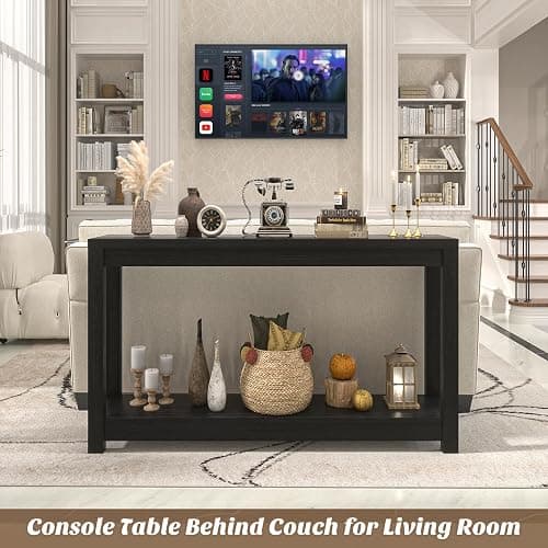 Besiost 47" Farmhouse Wood Entryway Table Narrow Console Table with Storage Behind Couch Sofa Table with Shelves for Entry Way with Open Storage, Easy Assembly, Embossed Wood Grain Black thumbnail 7