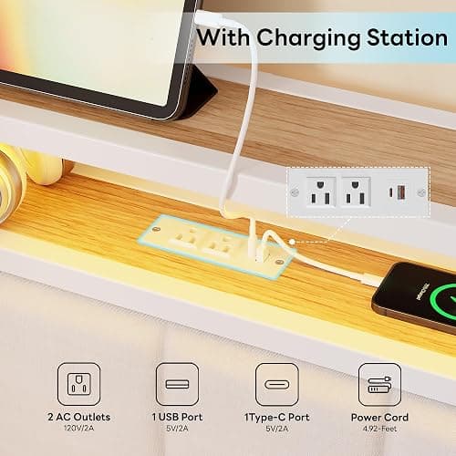 LIKIMIO Full Corner Bed Frame with Storage Drawers, LED, Charging, White | Smart LED & Charging Station, Ample Underbed Storage, Space-Saving Corner Design thumbnail 6