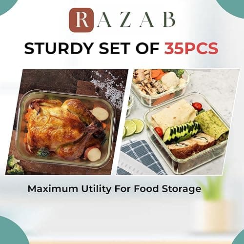 Razab 35 Pc Set Glass Food Storage Containers with Lids - Meal Prep Airtight Bento Boxes BPA-Free 100% Leak Proof (15 lids,15 glass & 5 Plastic Sauce/Dip Containers) thumbnail 4